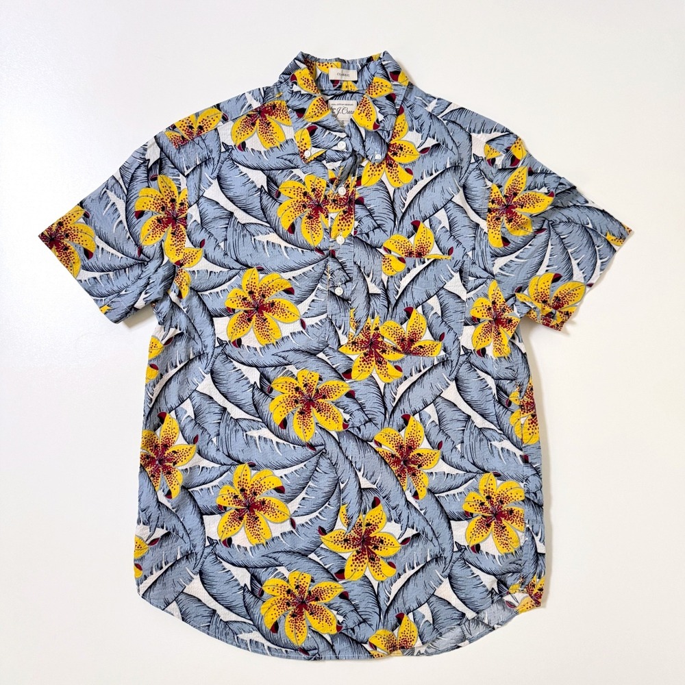 J. Crew Short Sleeve Seersucker Popover Shirt Small Blue Tropical Floral BH561